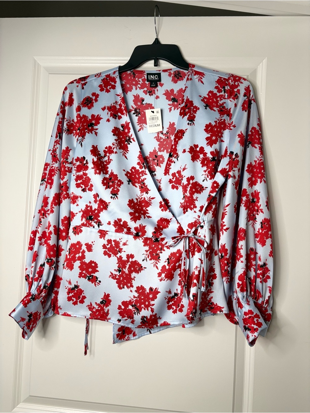 INC International Concepts Light Blue and Red Floral Wrap Blouse